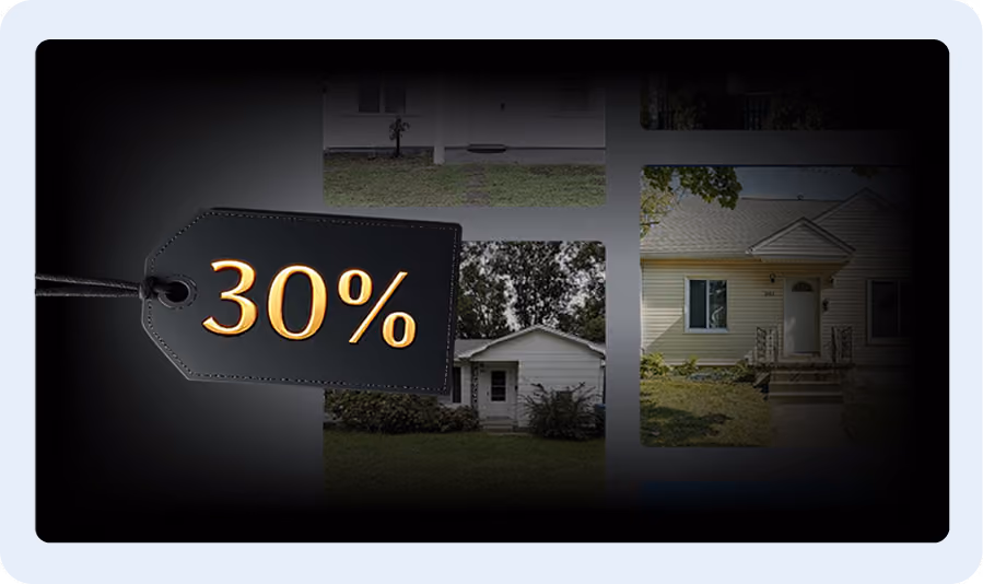 Black price tag showing 30% overlaying faded images of houses in the background.