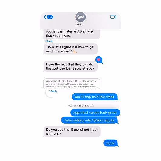 Text message chat discussing loans, appraisal values, equity, and an Excel sheet sent for review.