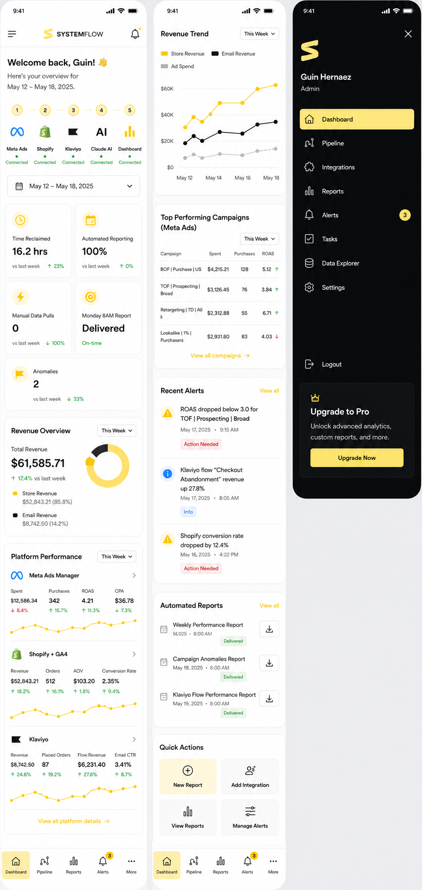 SystemFlow mobile dashboard showing platform performance, alerts, and automated reporting
