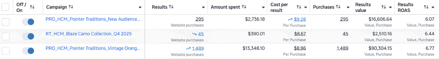 Clothing brand Meta Ads campaigns showing 6.07 to 6.77x ROAS with $8.67 cost per purchase