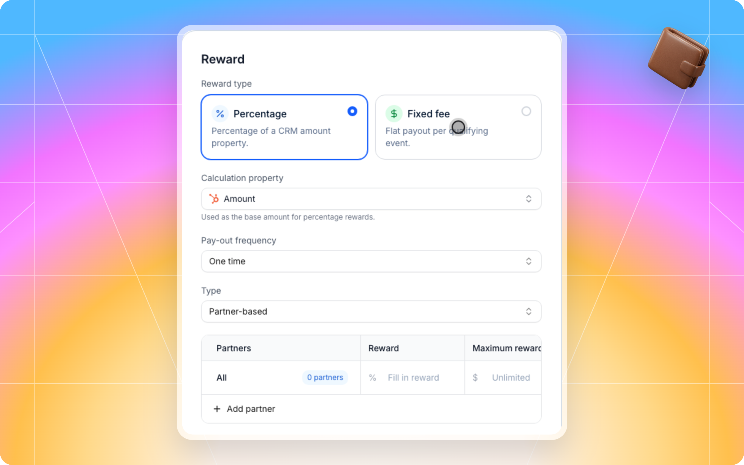 Introw commission plan settings showing the reward type choice between a percentage of a CRM amount property and a fixed fee per qualifying event, with calculation property and payout frequency fields.