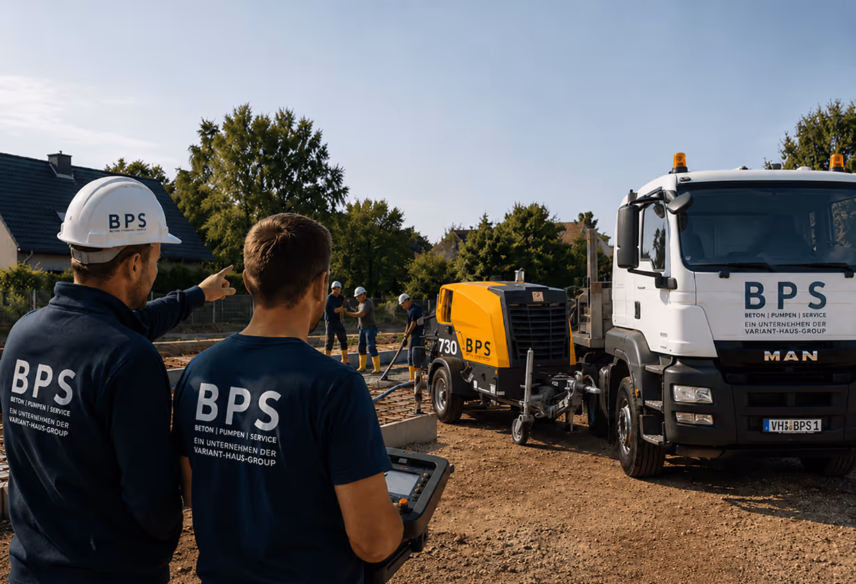 Bauarbeiter stehen neben Betonmischer und LKW auf Baustelle, zwei Männer in BPS-Uniformen besprechen Arbeiten.