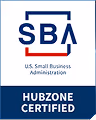 SBA U.S. Small Business Administration HubZone Certified blue and red rectangular seal.