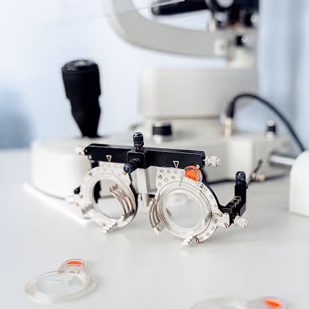 Optometry trial frame for testing vision with a blurred microscope in the background.