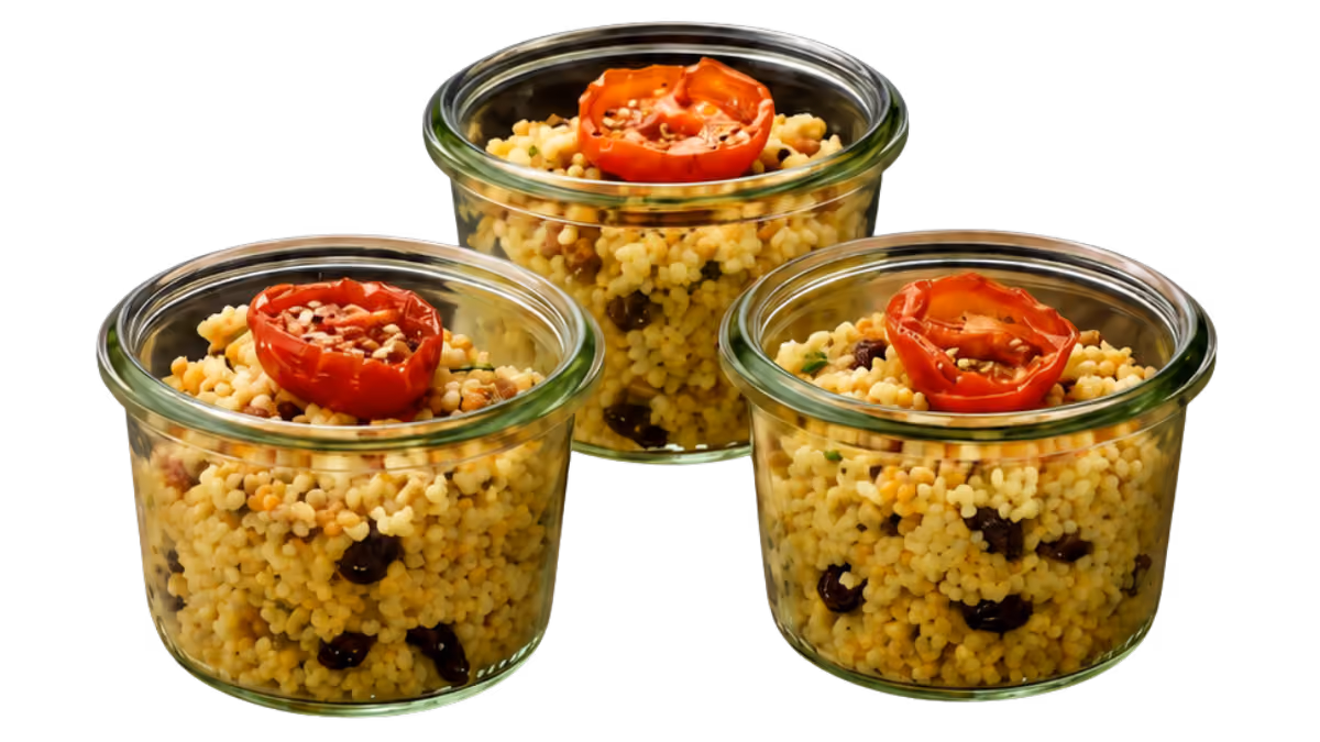 Couscous-Salat im Weckglas mit Berberitzen und Mandeln verfeinert dazu körniger Paprikafrischkäse und
Kirschtomaten