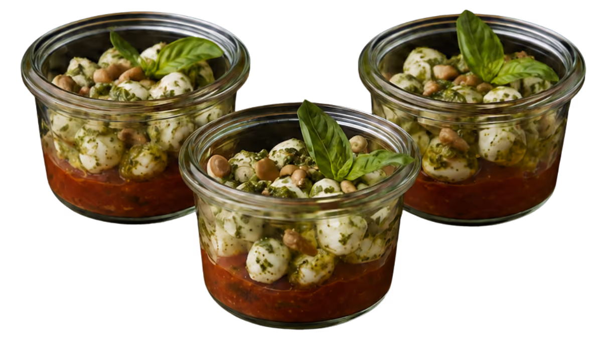 Tomatenkompott im Weckglas mit Mozzarella grünem Pesto und Pinienkernen