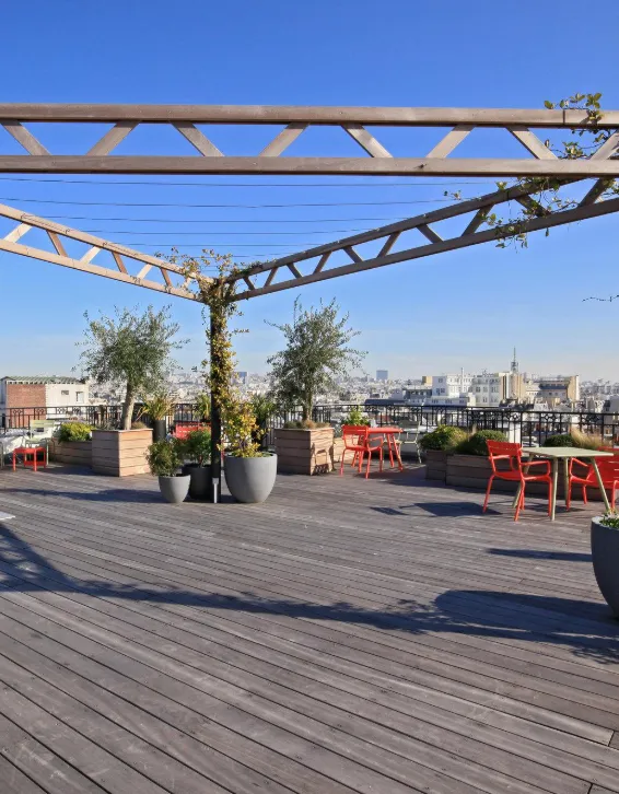 Terrasse rooftop en bois avec palmier et structure métallique, vue sur les toits de Paris