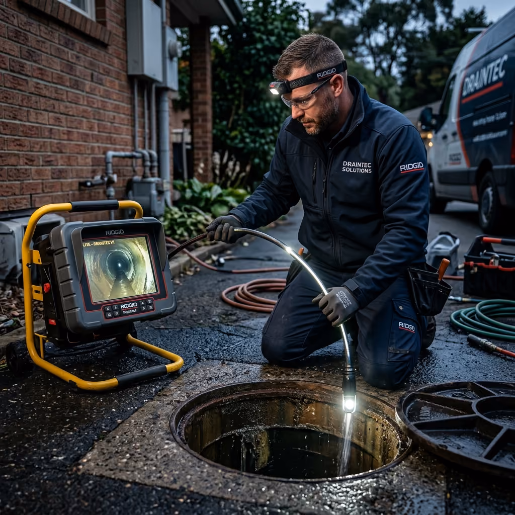 Technicians conducting a trenchless drain camera inspection and sewer relining setup