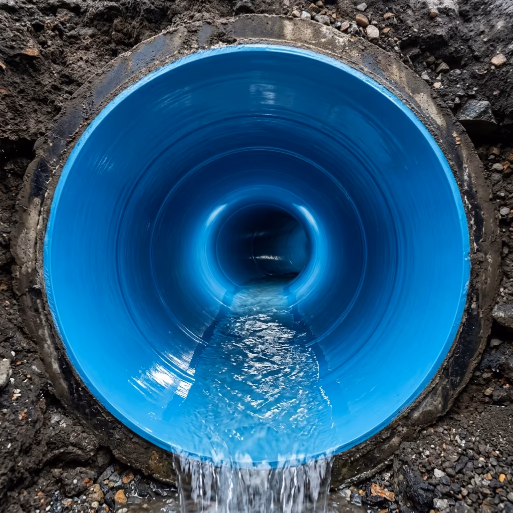 Smooth blue epoxy resin pipe liner restoring full structural flow