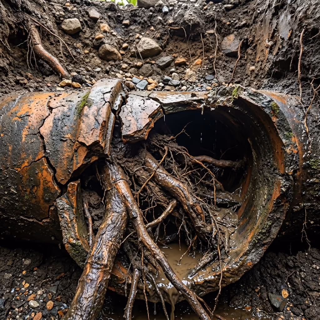 Cracked clay sewer pipeline with heavy tree root intrusion blocking flow