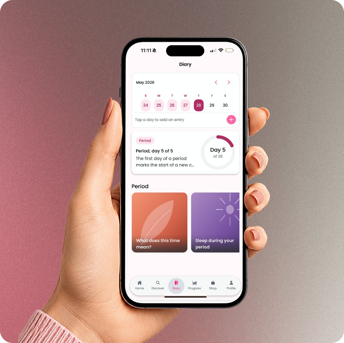 The SheMed app diary screen with cycle and symptom tracking