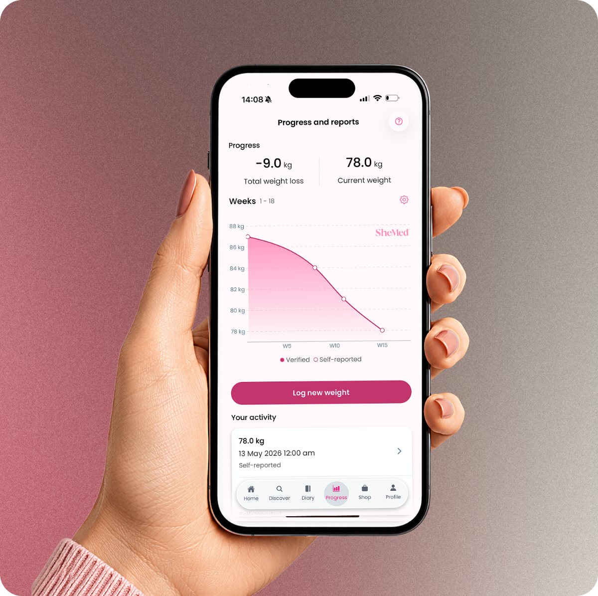 The SheMed app progress screen showing a weight-loss graph over 18 weeks