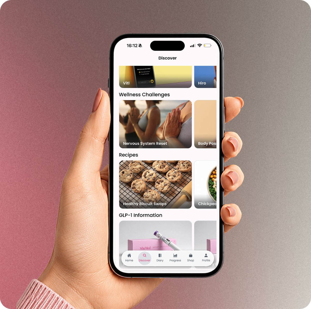The SheMed app Discover screen with wellness challenges, recipes and GLP-1 information
