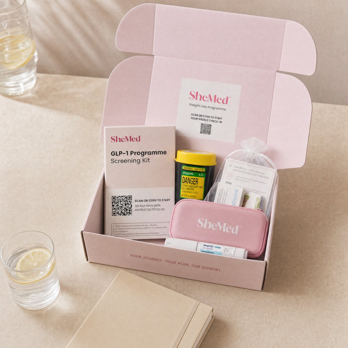The SheMed programme kit: screening kit, sharps bin, injection case and care pack in a pink box