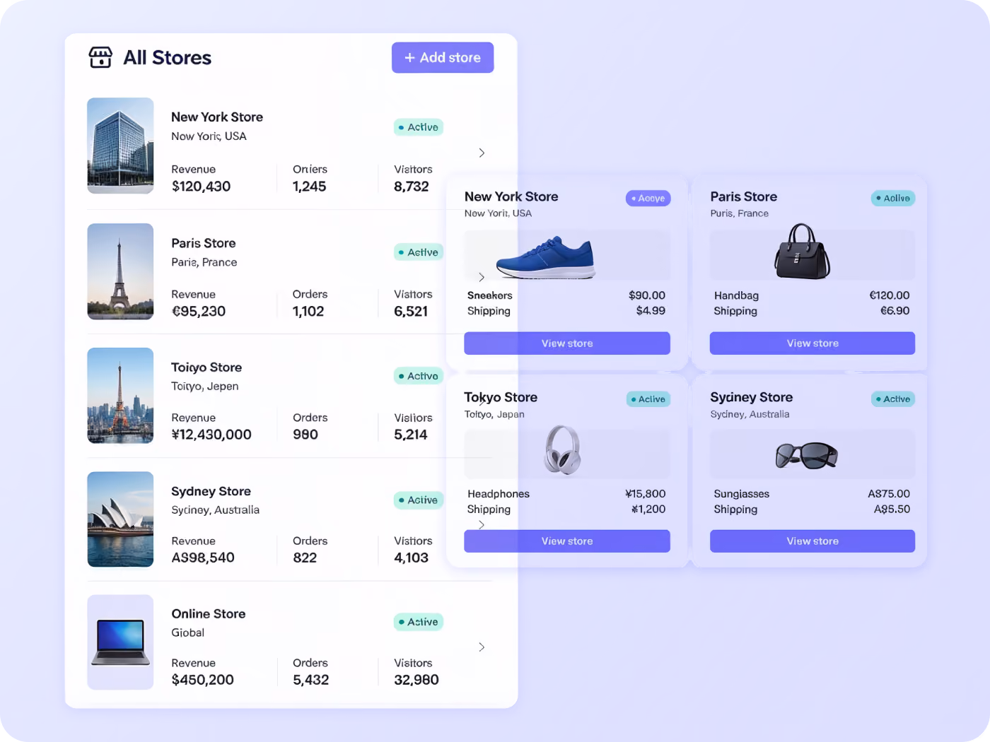 Create and configure unlimited stores for digital or physical locations, each with tailored pricing, products, carts and experiences.
