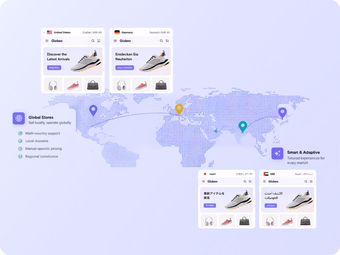 Localize commerce experiences with flexible data handling for currencies, languages, dates and regional requirements.