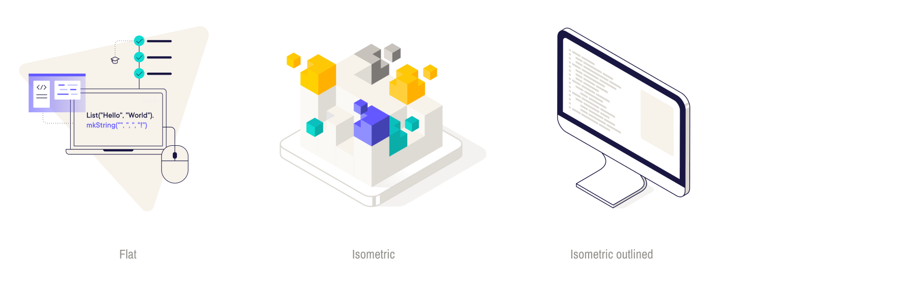 Flat, isometric, and outlined illustration styles