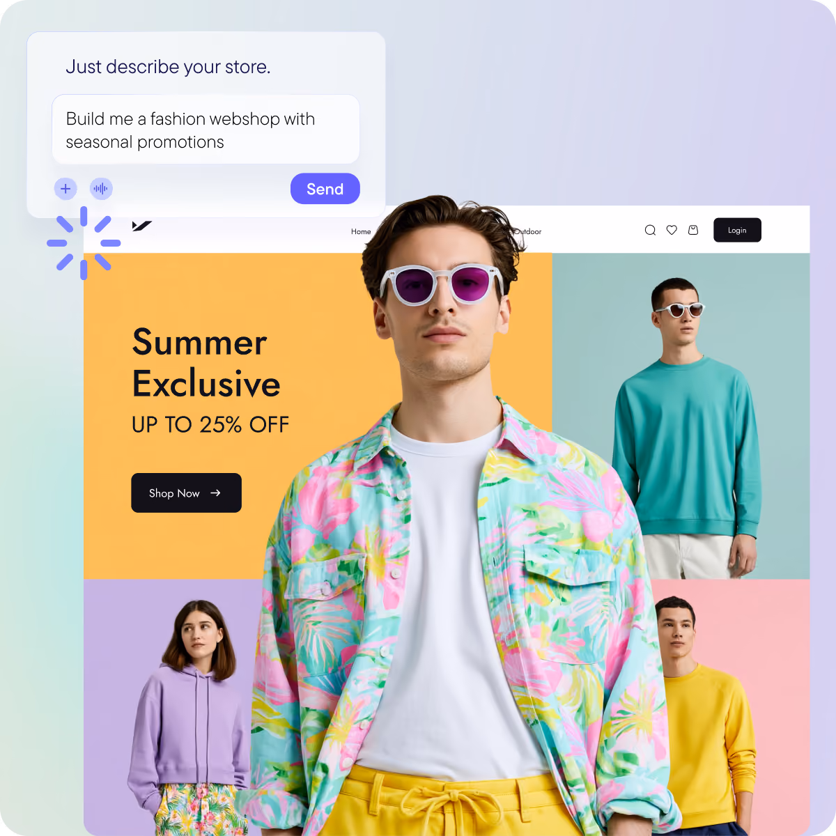 AI store-builder concept showing a prompt reading 'build me a fashion webshop with seasonal promotions' generating a colourful summer fashion storefront with models and a Summer Exclusive 25% off banner