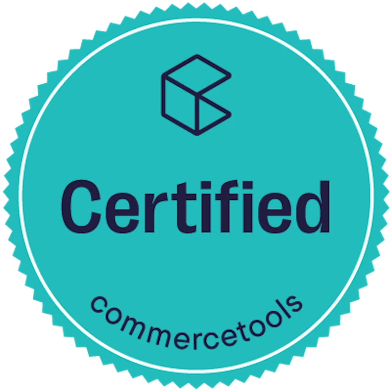 commercetools Certified badge, a teal circular seal with the commercetools cube mark above the word Certified