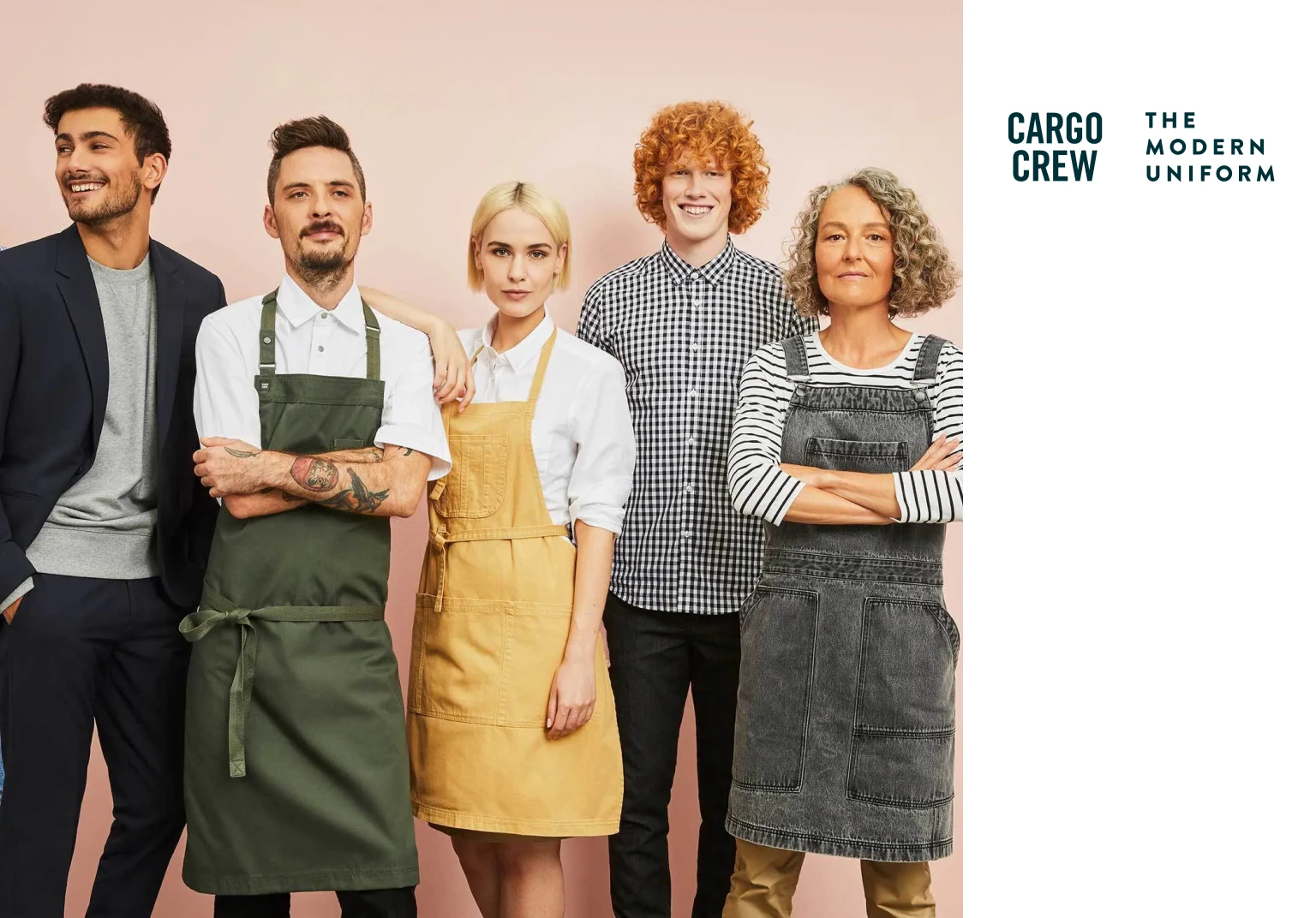 Five people standing side by side wearing different coloured aprons against a pink background.