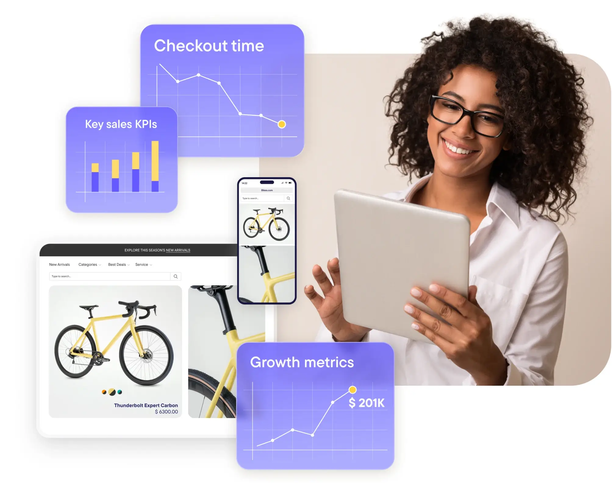 Smiling woman with glasses holding a tablet, surrounded by digital sales and growth graphs and a webpage displaying a yellow bicycle.
