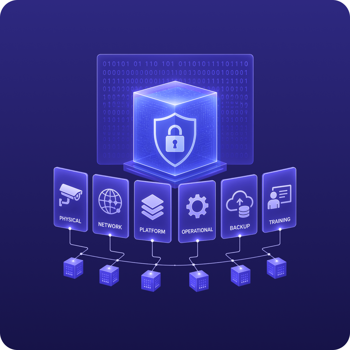 Layered security diagram with a padlock shield above six connected pillars labelled physical, network, platform, operational, backup and training, linked to server icons