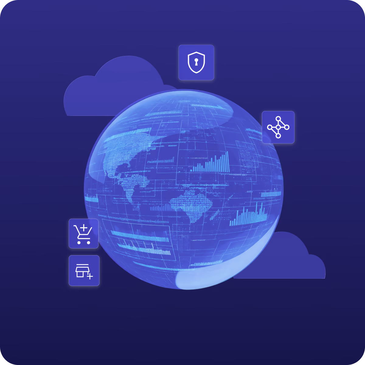 Digital globe covered in data and charts, surrounded by icons for security, connected networks and commerce against a cloud backdrop