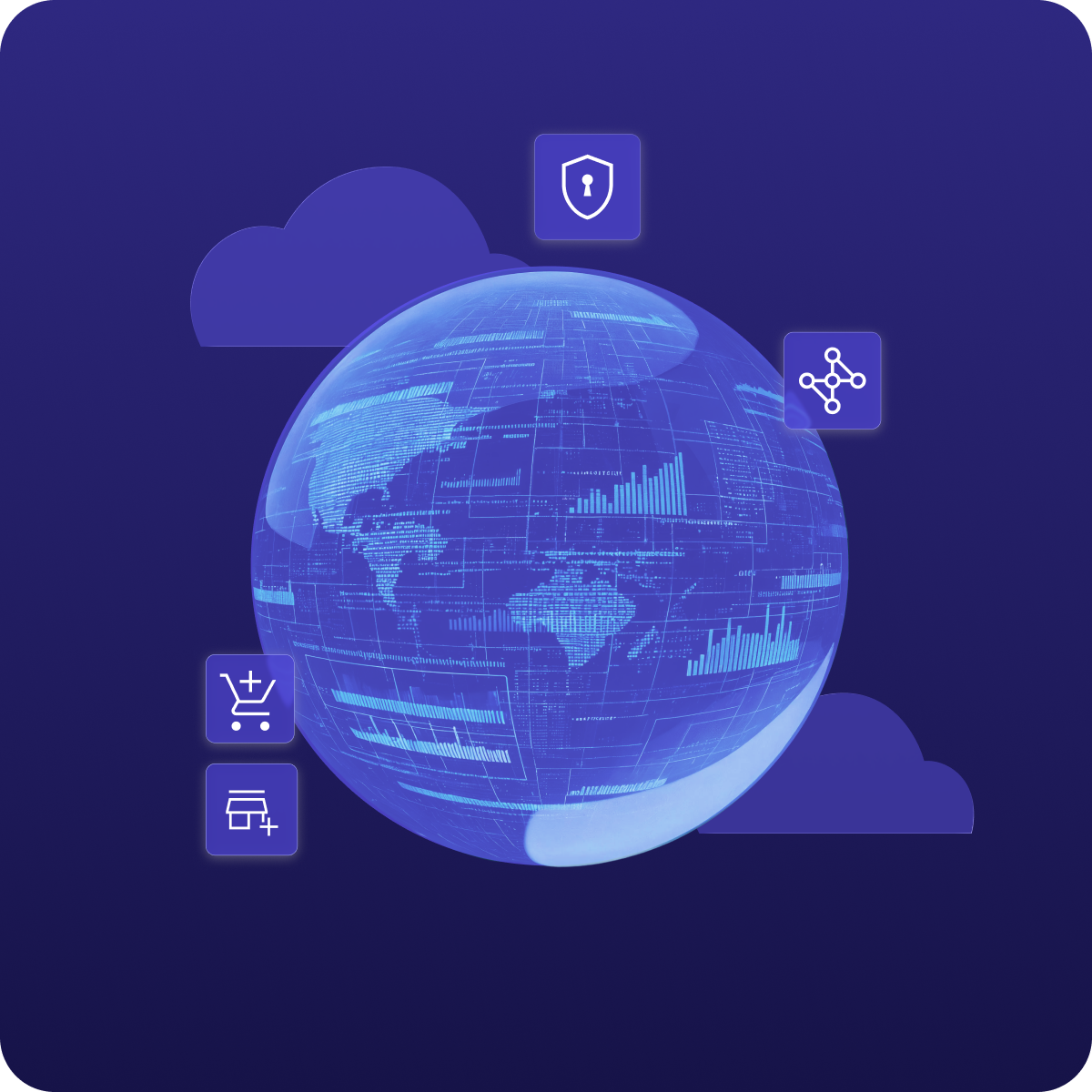 Digital globe covered in data and charts, surrounded by icons for security, connected networks and commerce against a cloud backdrop