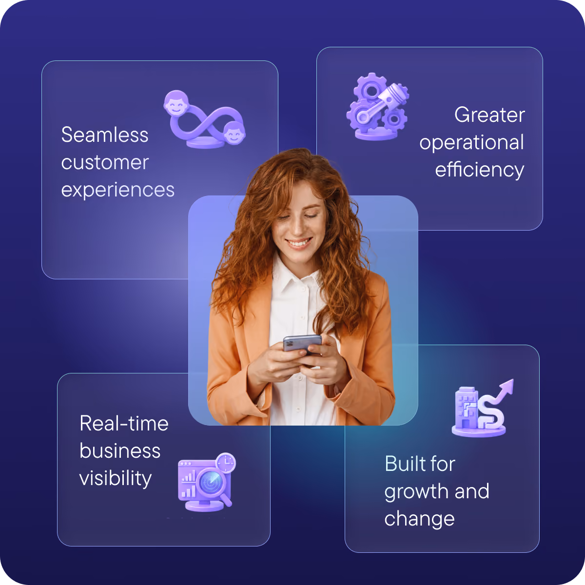 Smiling woman looking at her phone, surrounded by four benefit labels: seamless customer experiences, greater operational efficiency, real-time business visibility, and built for growth and change