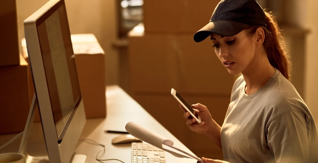 Young delivery woman in cap using mobile phone and checking papers amid stacked boxes in office.