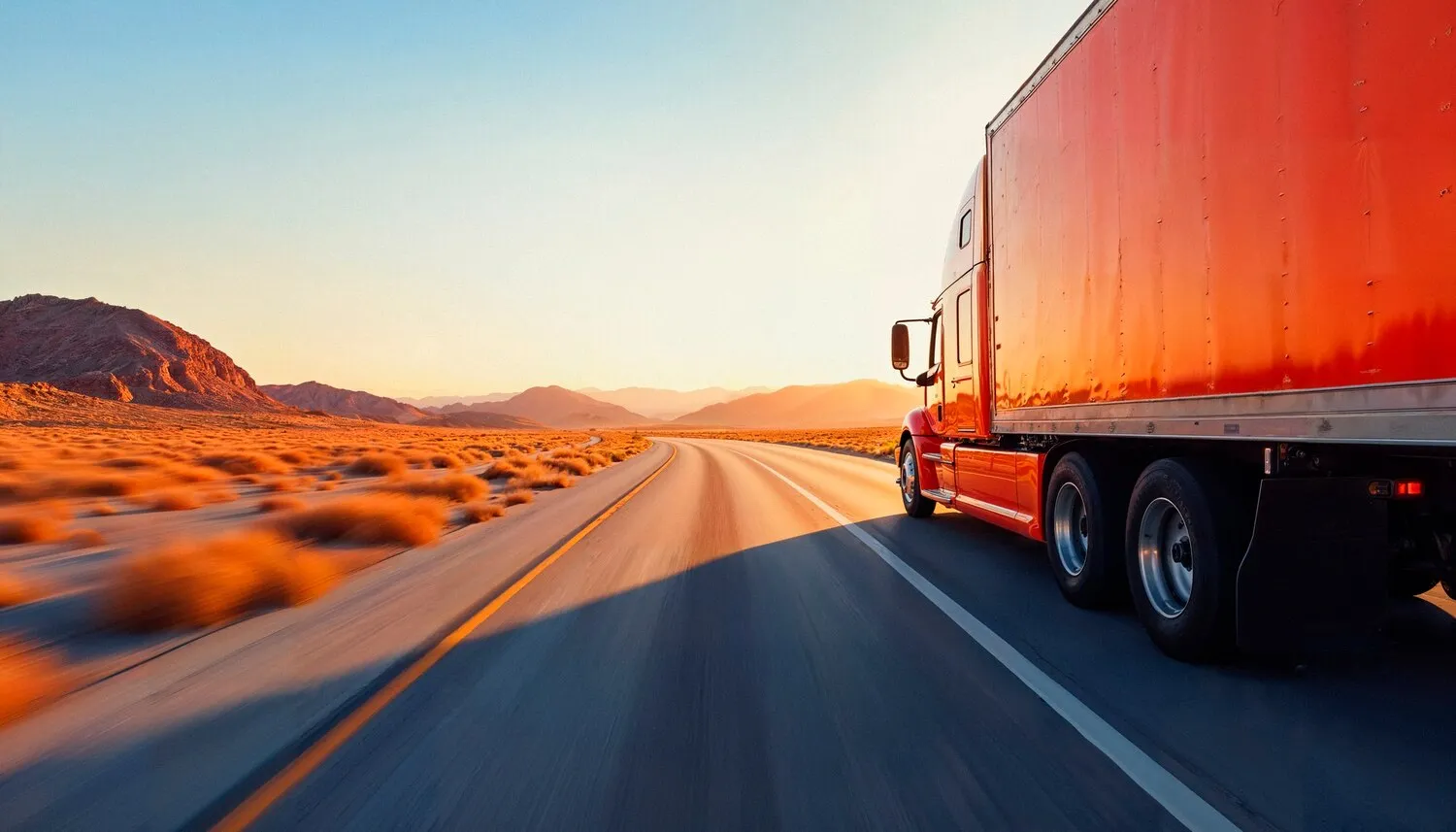Red semi-truck driving on a highway through a desert landscape at sunset with mountains in the distance.