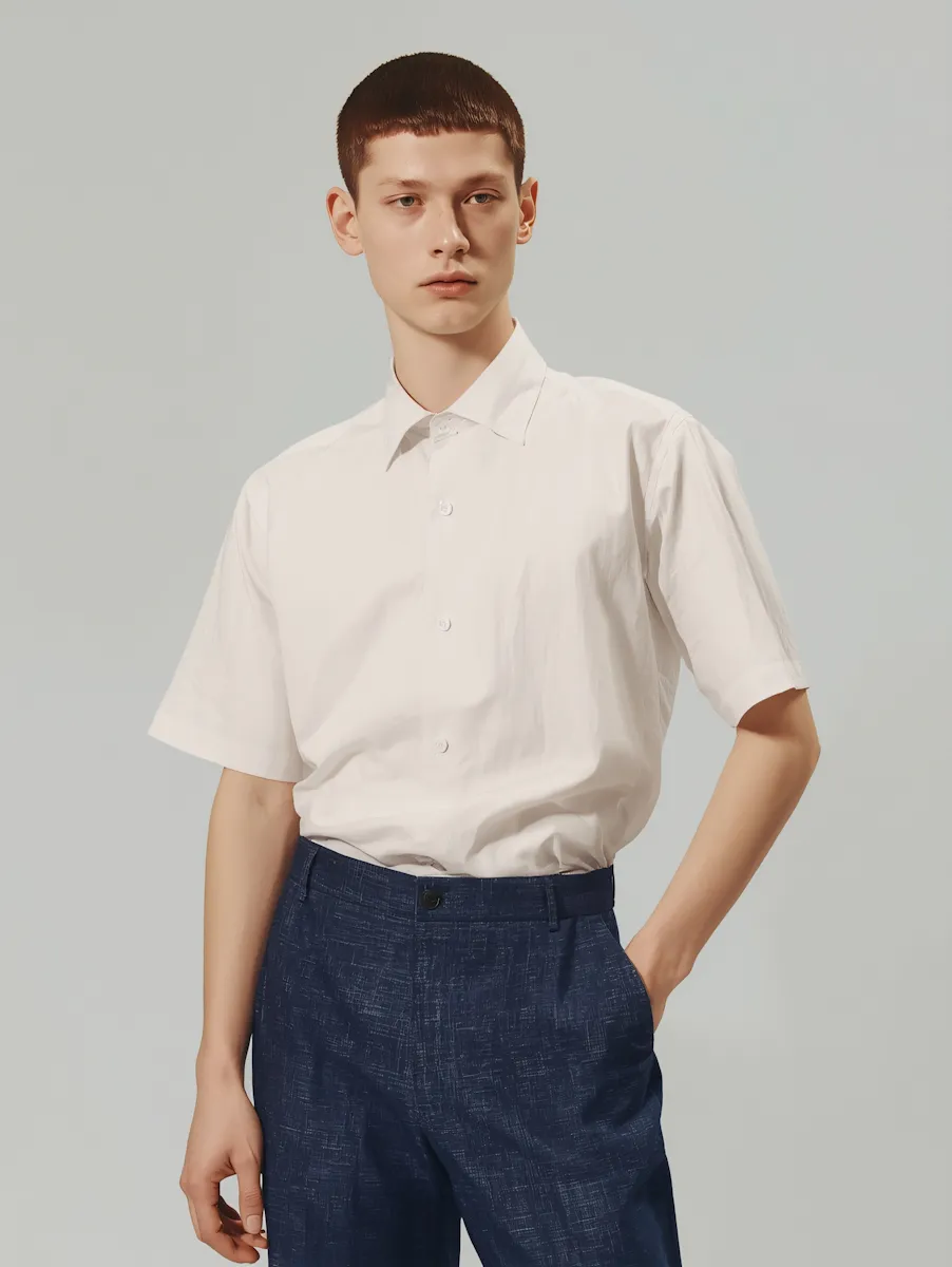 Young man with short hair wearing a white short-sleeve button-up shirt and navy blue pants.