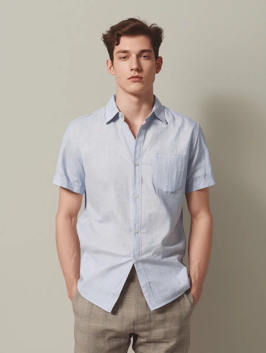 Young man with short brown hair wearing a light blue short-sleeve button-up shirt with a chest pocket.