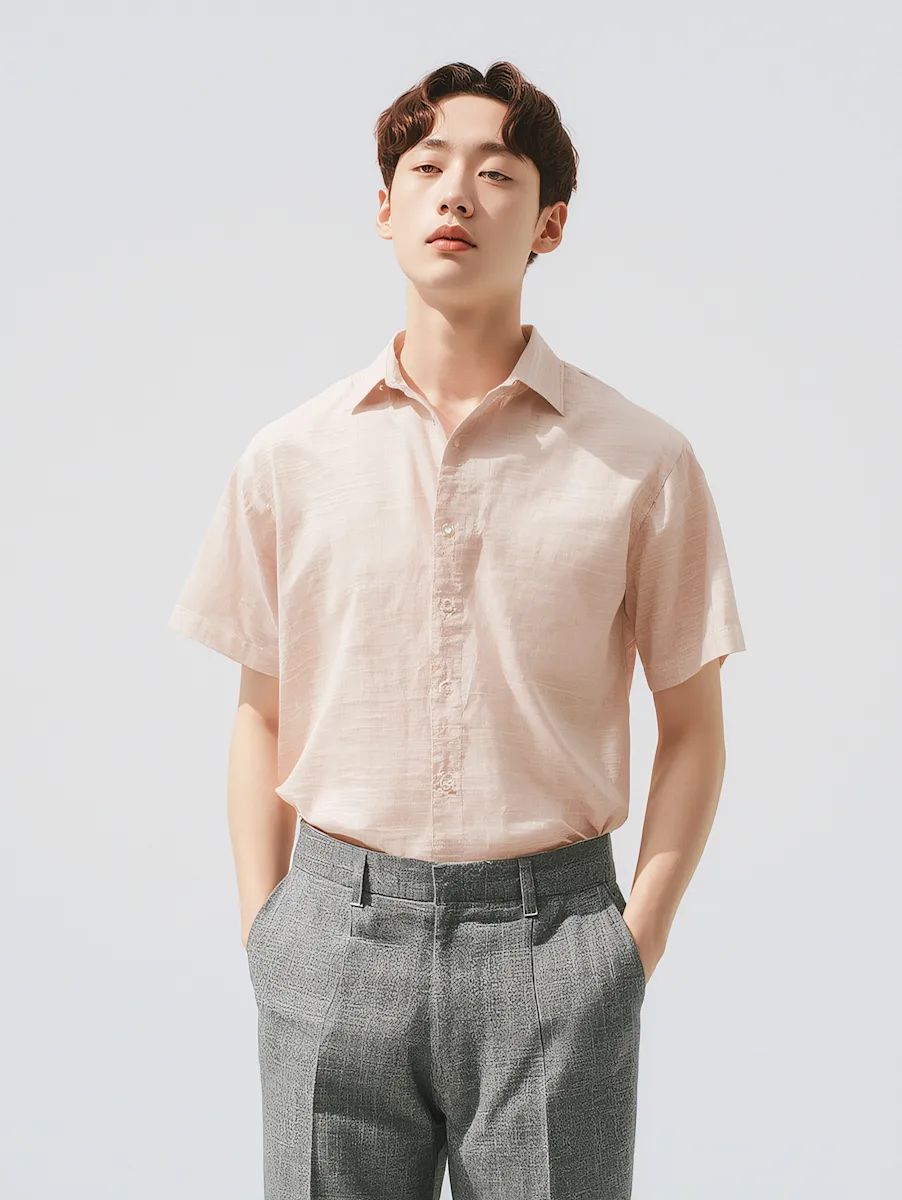 Young man wearing a light pink short-sleeve shirt and gray trousers standing with hands in pockets.