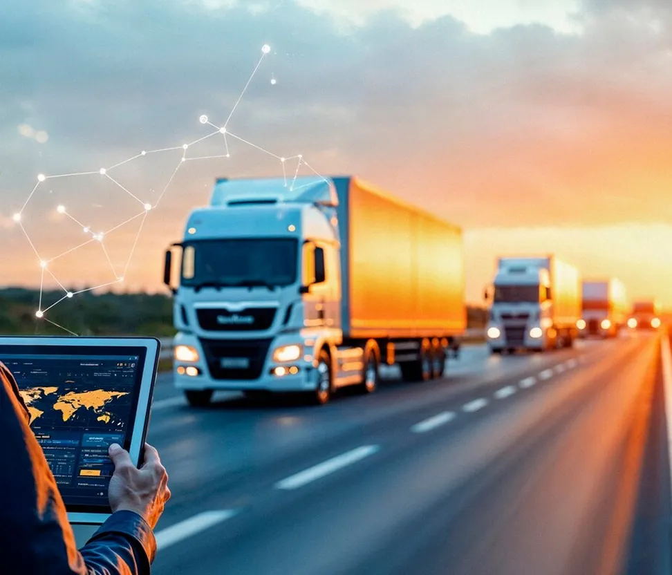 Person holding tablet with logistics data as trucks drive on highway at sunset.