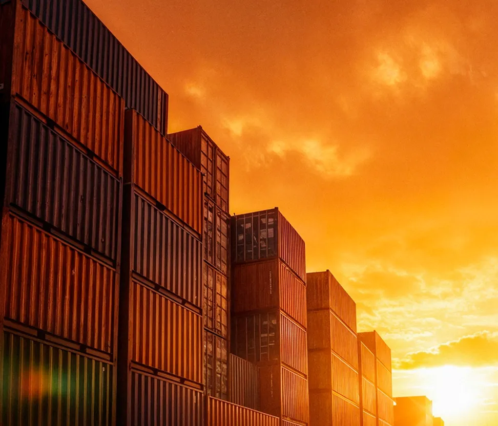 Stacked shipping containers lit by orange sunset under partly cloudy sky.