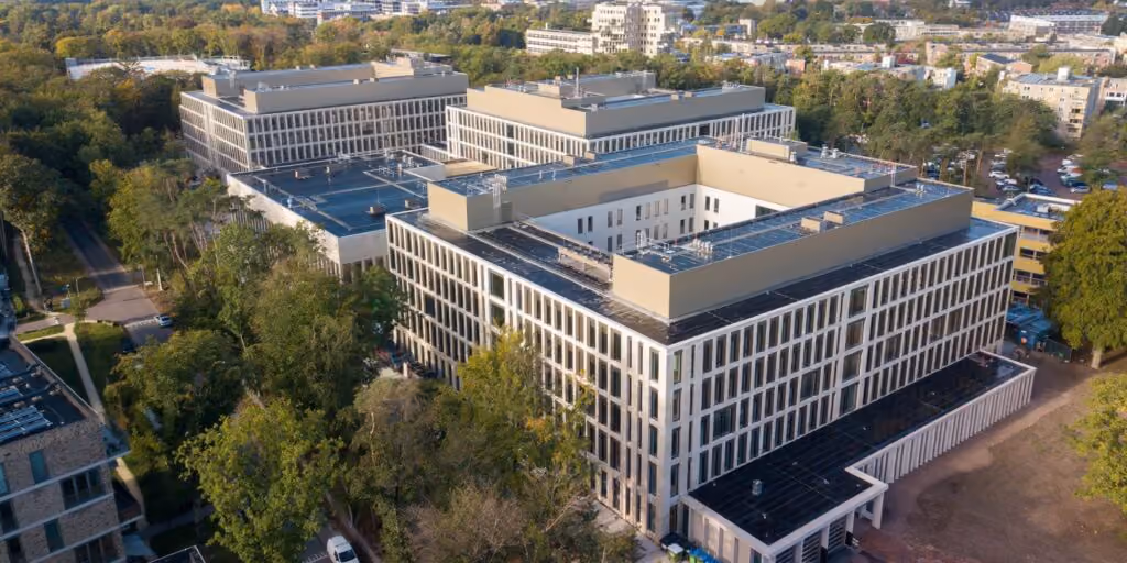 Aerial view of a building with flat roofs