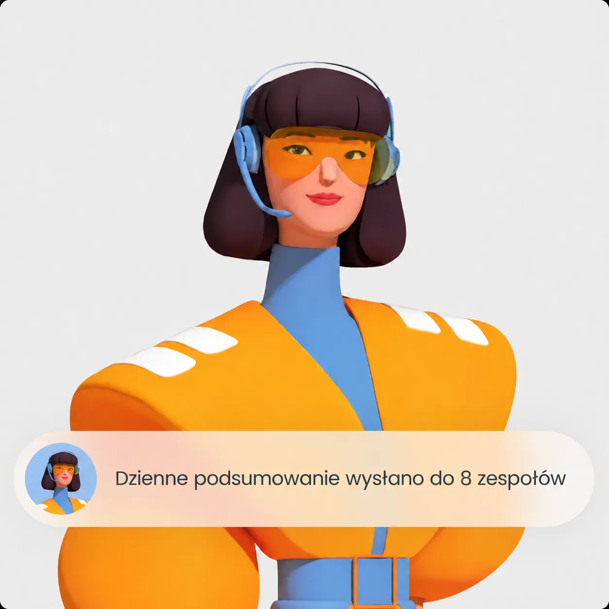 3D animovaná postava ženy s krátkými tmavými vlasy, modrým rolákem, oranžovou bundou a sluchátky s mikrofonem na hlavě.