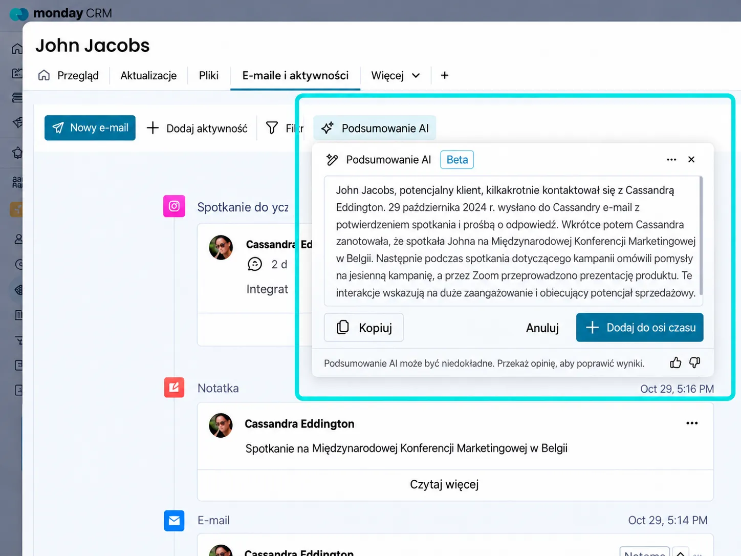 Widok podsumowania AI w monday CRM