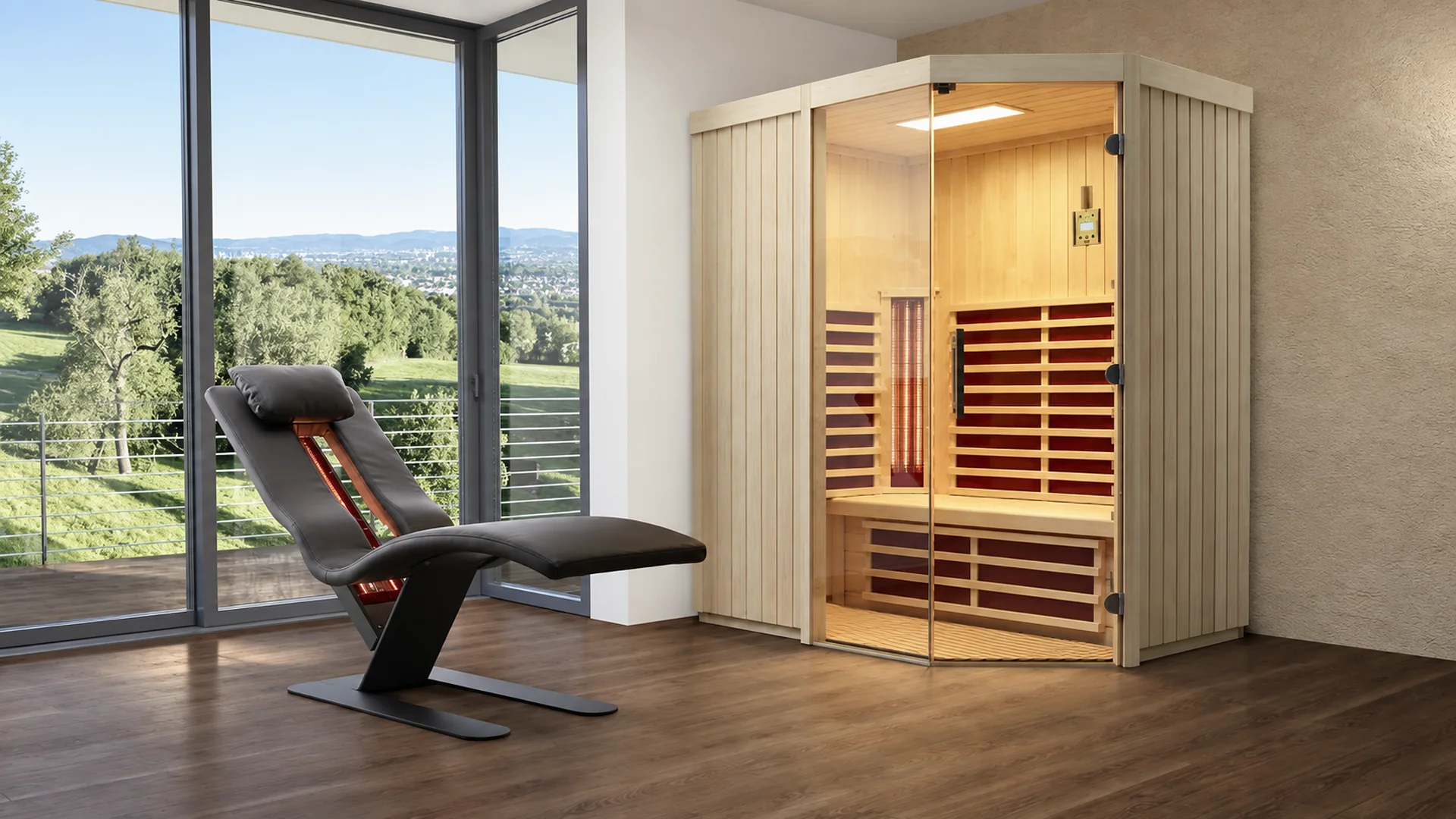 Eck-Infrarotkabine mit Glasfront und Relaxliege vor Panoramafenster, Infrarotkabine von RR Variationen