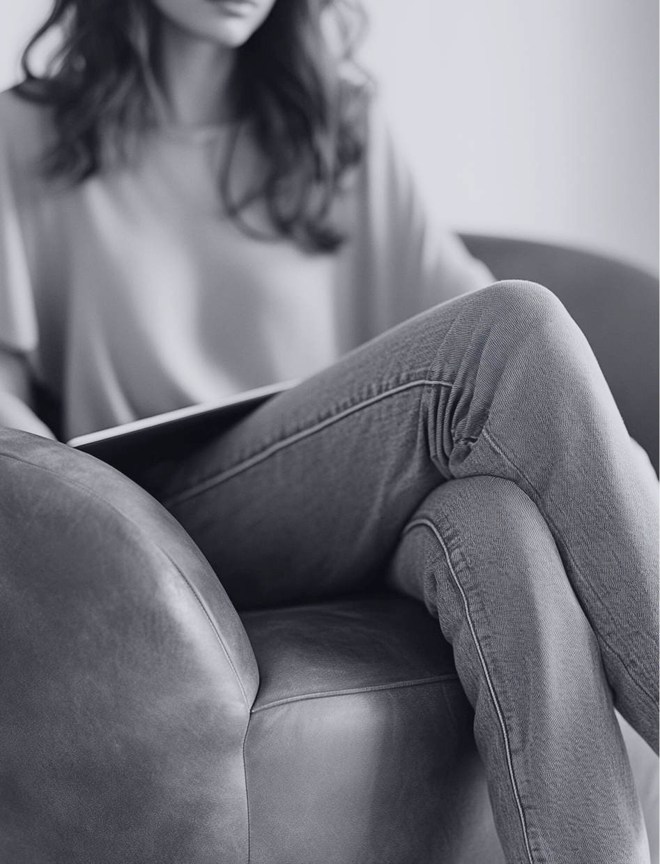 Woman seated in an armchair reading a tablet