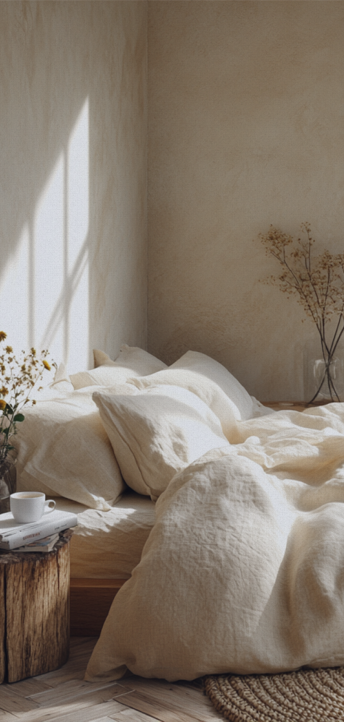 Softly lit unmade bed in a calm bedroom
