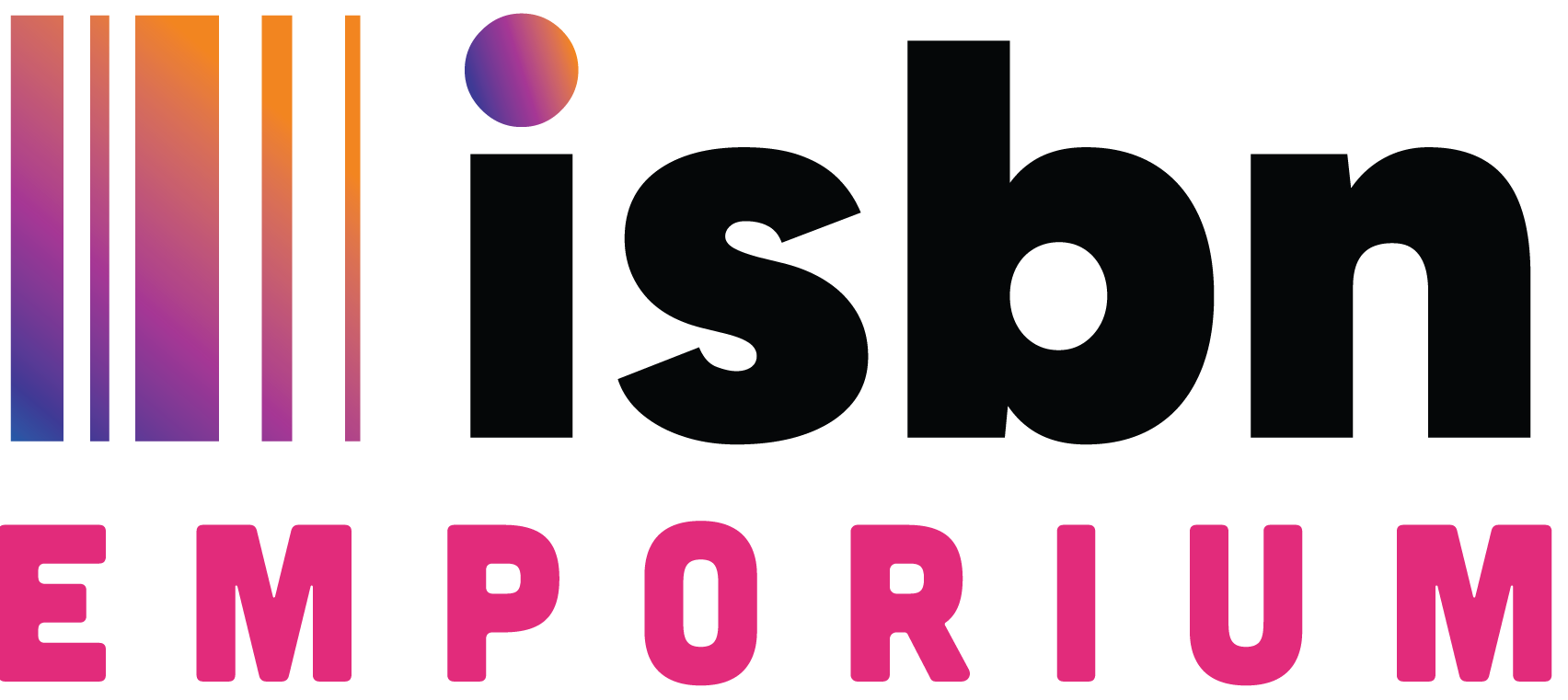 ISBN Emporium logo with stylized colorful vertical bars and bold pink text.