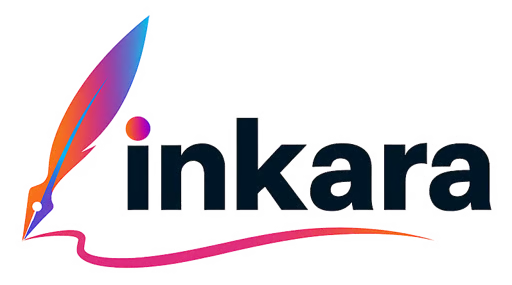 Inkara logo with a colorful feather quill and stylized ink trail beneath the text.