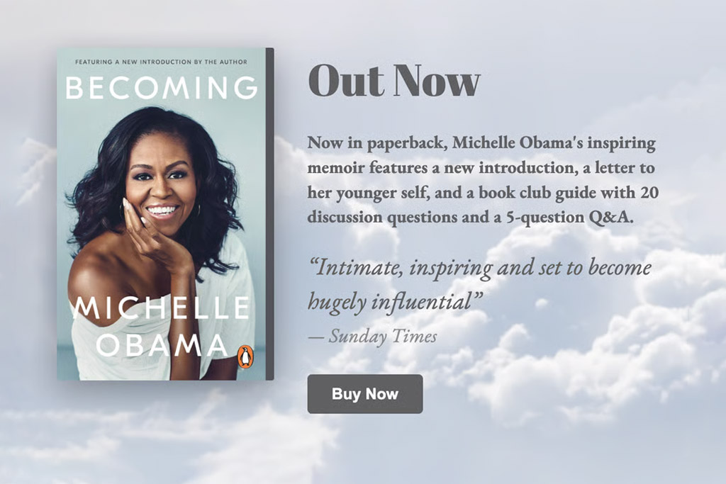 Book cover of Becoming by Michelle Obama with promotion text for the paperback edition and a Buy Now button.