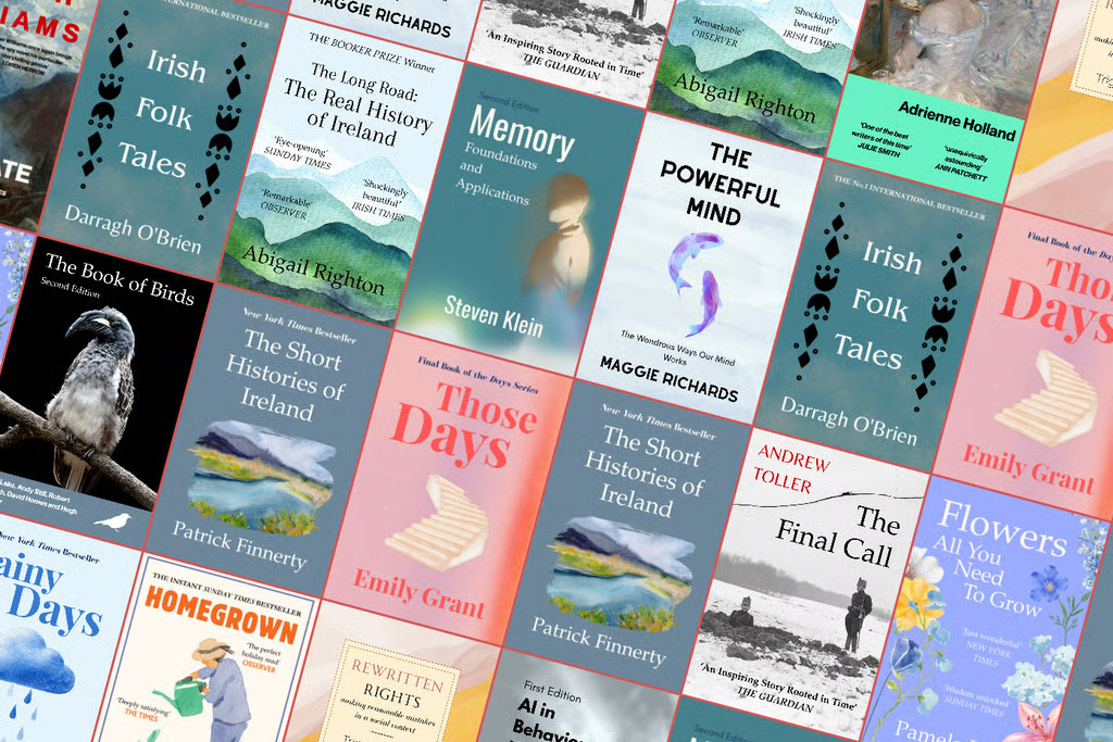 A mosaic of book covers including Irish Folk Tales, The Short Histories of Ireland, Those Days, and The Powerful Mind.
