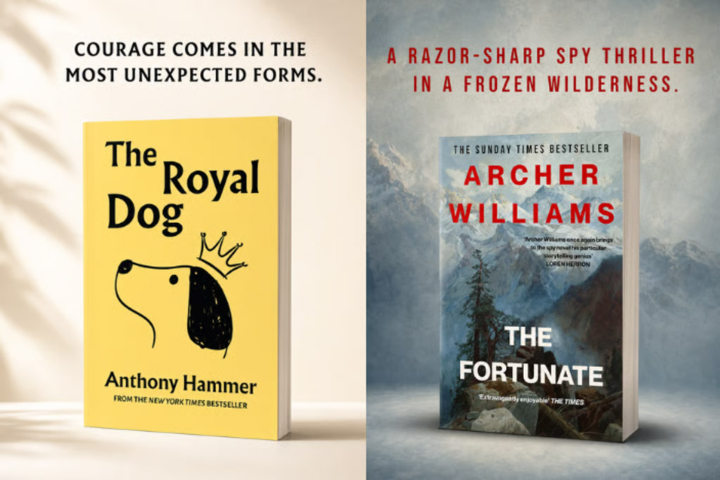 Two book covers: The Royal Dog with a dog illustration and The Fortunate by Archer Williams in a wilderness setting.