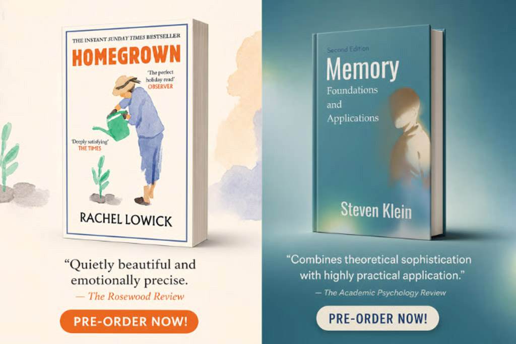 Two book covers: Homegrown by Rachel Lowick and Memory by Steven Klein with pre-order buttons.