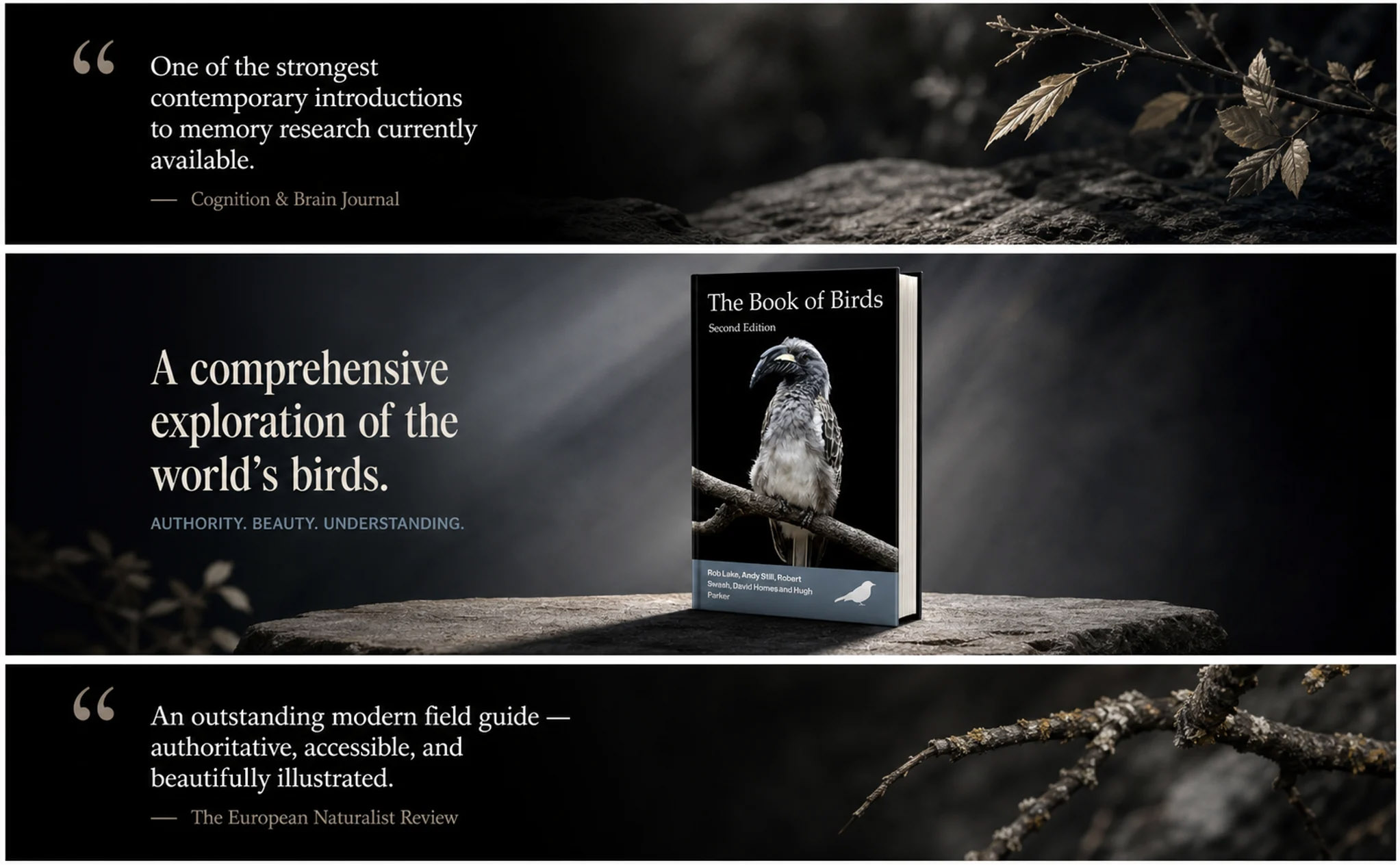 Book titled 'The Book of Birds' standing on a rock with quotes praising its authority and beauty.
