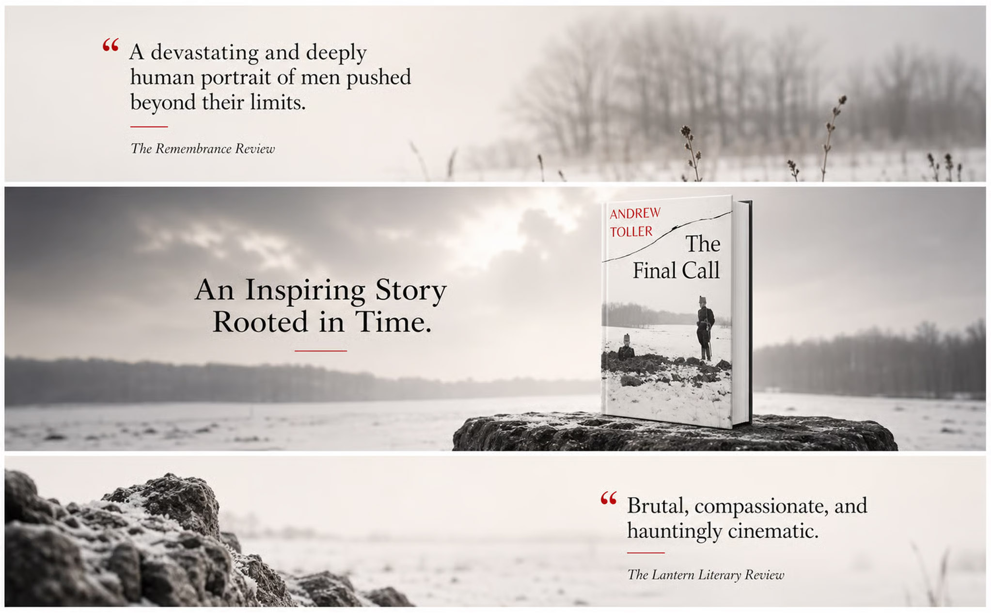 Book titled The Final Call by Andrew Toller on a snowy landscape with quotes praising the story.